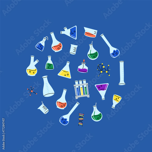 Laboratory glassware. Chemical reagents in glass bottles and rest tubes and flasks. Medical lab equipment. Scientific research tools. Doodle drawing. Vector cartoon flat isolated illustration