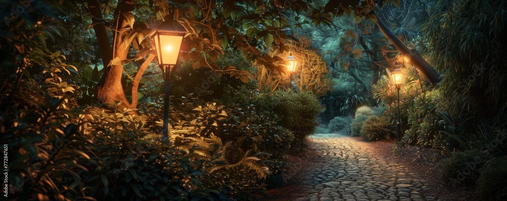 Enchanted cobblestone path in a lush garden at night