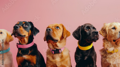 Multi-breed dogs wearing various colorful collars on a pink backdrop, all looking upwards with curiosity photo