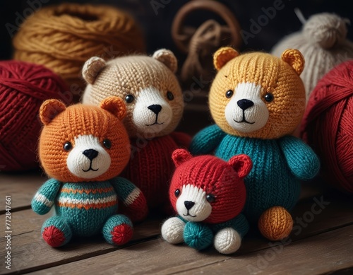 A family of four knitted teddy bears wearing sweaters sits on a wooden table surrounded by spools of yarn in various colors.