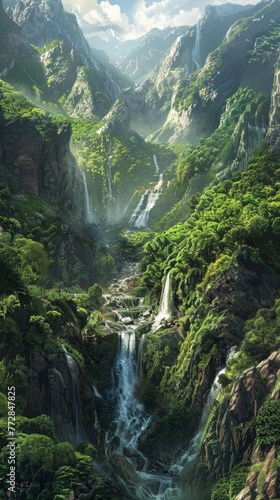 Breathtaking view of lush green mountainous landscape with waterfalls