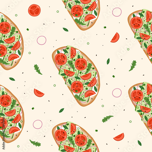 Pattern with bruschetta, tomato and cucumber