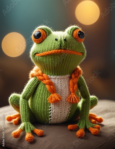 A green knitted frog with orange eyes and an orange scarf sits on a brown pillow. It has orange braids and is wearing a white sweater. The background is blurred and there are lights in the background.