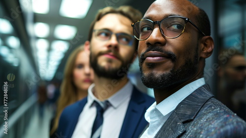 Two men are leaning on one side of the office hallway, looking somewhere out of the corner of their eyes, and a woman is watching them. A black man and a white man wearing glasses. Upper body close-up