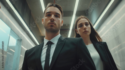 Two young businesspeople, a man and a woman in neat suits, are standing in a hallway, looking down at the camera with expressionless faces. Upward shot, Low angle shot. photo