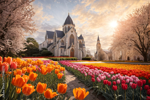 Tulips blooming with a church background