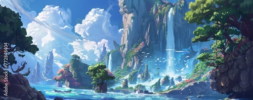 Fantasy landscape with waterfalls and flying birds © iVGraphic