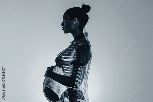 Pregnant woman's body x-rayed. Pregnant female silhouette. Medicine. Screening. Pregnancy. Gravid female. Baby bump. Expectant. A visible belly and a skeleton of a pregnant lady on X-ray photograph