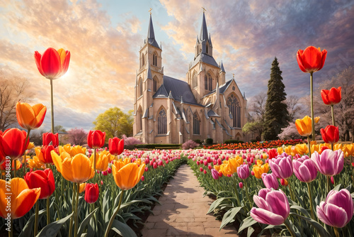 Tulips blooming with a church background #772848839