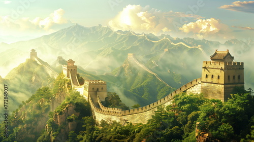 great wall of china, spring - Generative AI photo