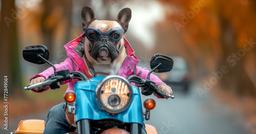 A dog is riding a motorcycle with sunglasses on, wearing a pink jacket and is sitting on the motorcycle. The scene is lively and fun, with the dog enjoying the ride. French Bulldog driving like a uman photo