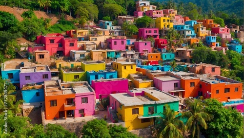 An aerial view of a vibrant village with houses painted in every color of the rainbow, nestled among lush greenery Generative AI