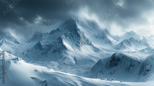 A snow-covered mountain range with dark clouds overhead. Generative AI. photo