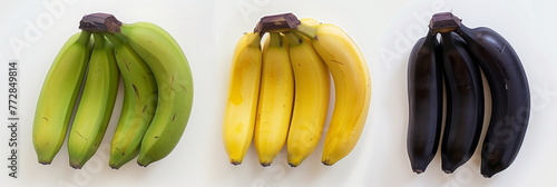 Three bunches of bananas in a row, green, yellow and black, illustrating the progression of ripening, on a white background. Flat lay, Top view. Food concept. Generative AI