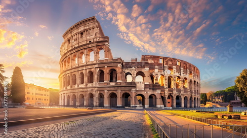 The Colosseum of Rome, Italy, sunset, light purple and orange, sky blue and silver - Generative AI photo