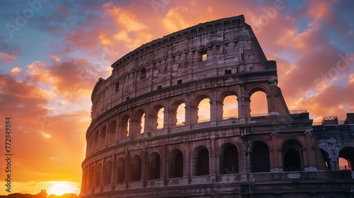 The Colosseum in Rome, Italy, with a backdrop of purple and orange sunset sky. Closeup. Travel, history, architecture. Generative AI