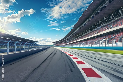 Empty racetrack with grandstands filled with spectators, digital sports illustration