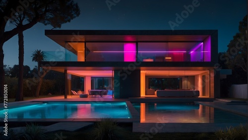 An ultramodern house featuring a kaleidoscope of neon lights against a sleek, dark background Generative AI © Haroon