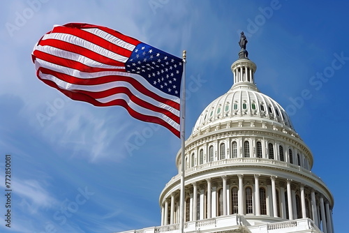 the us capitol building with an american flag flying against the blue sky - Generative AI