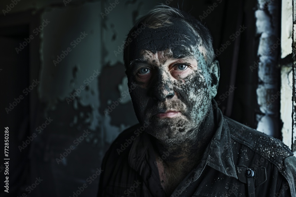 portrait of a coal miner covered in soot, looking at the camera