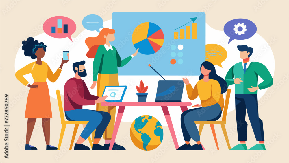 A team of experts from various fields such as economics technology and art history gathered around a table discussing the impact of global A team of experts from various fields such as economics technology and art history gathered around a table discussing the impact of global