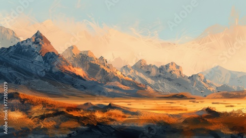 Digital painting of a mountainous landscape at dusk © iVGraphic