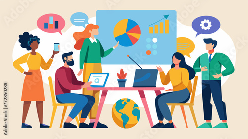 A team of experts from various fields such as economics technology and art history gathered around a table discussing the impact of global