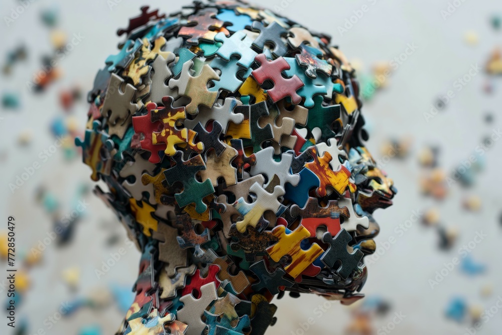 Complex jigsaw puzzle forming a vibrant head