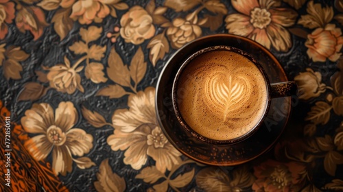 A cup of coffee with a heart drawn on it sits on a table. The coffee is hot and the heart is made of foam. The table is covered in a floral pattern