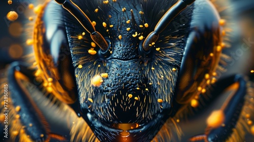 A close up of a bee's face with a lot of yellow specks on it. The bee's face is very detailed and the yellow specks give it a somewhat creepy or menacing appearance © Sodapeaw