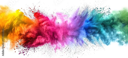 Rainbow colorful paint color powder explosion on white, wide background