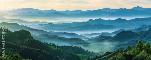 Layered mountain landscape at sunrise