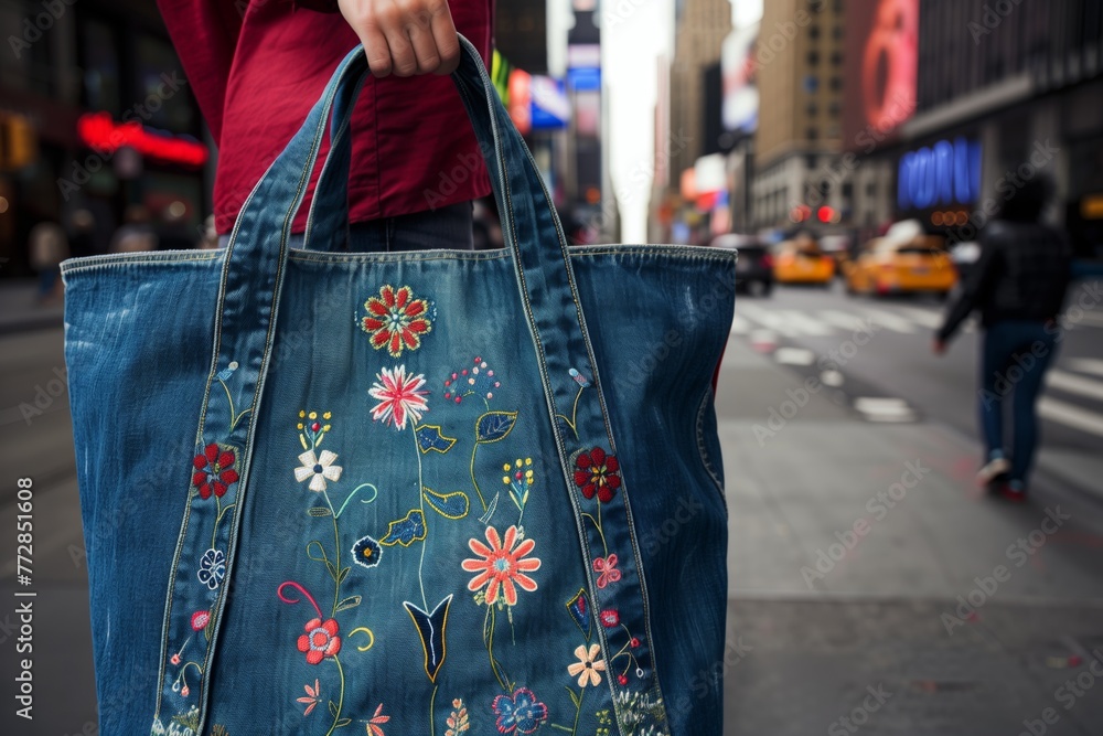 person holding a denim tote with embroidered flowers on a city street