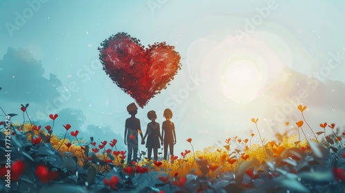 A heart made of flowers is surrounded by three children. The children are holding hands and standing in a field of red flowers. Concept of love and togetherness