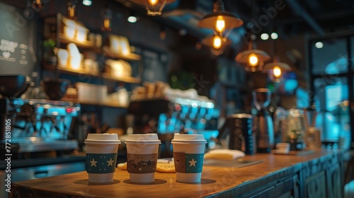 Three cups of coffee sit on a counter in a coffee shop. The cups are decorated with stars and the shop is dimly lit