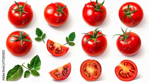 Set of fresh delicious tomatoes with leaves