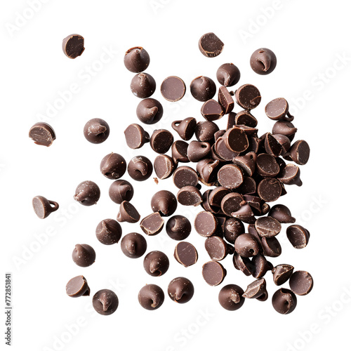 Chocolate chips scattered on white background, chocolate chips floating , dark chocolate chips  photo