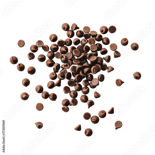 Dark chocolate chips scattered in air, chocolate chips on white background