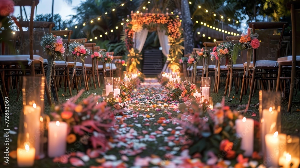 A wedding ceremony is taking place in a garden with a long aisle of chairs and a white arch. The chairs are arranged in rows, and the aisle is lined with flowers and candles