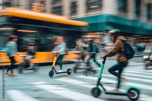 Blurred motion of people on e-scooters and a bus in a busy city street, conveying speed and urban life.