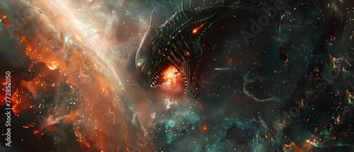 Black Dragon Emerging from Space Depths A Cosmic Horror Fantasy Illustration