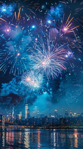 Fireworks display over city skyline at night