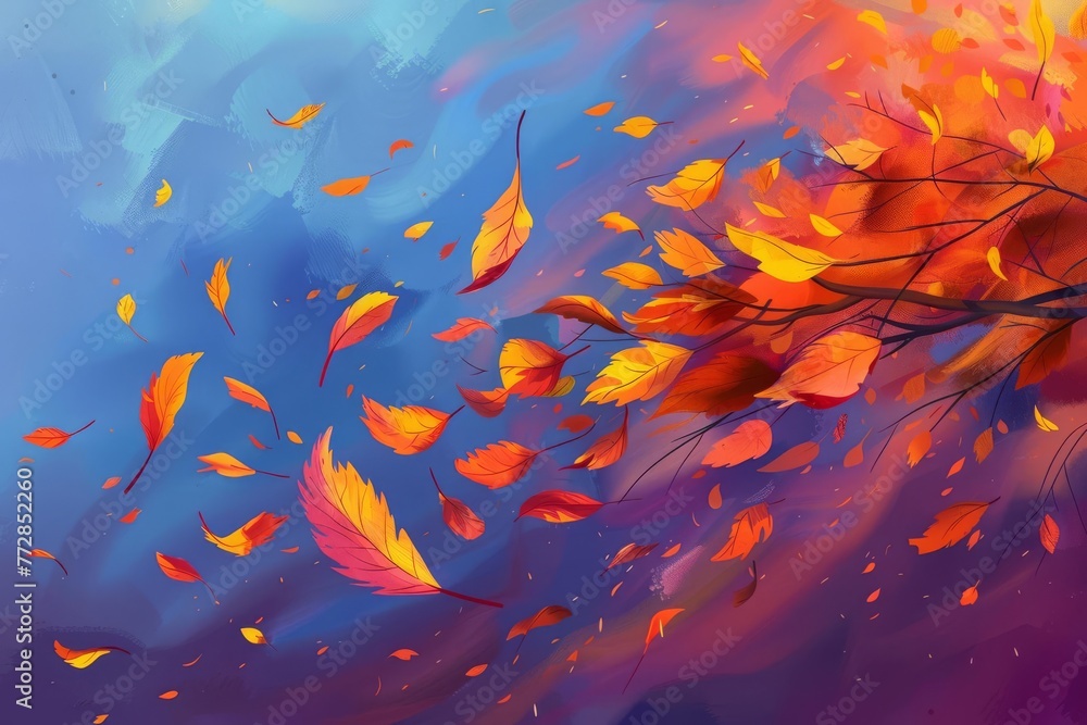 Autumn leaves flying in the wind, colorful leaves swirling through the air, autumn mood digital painting illustration. Autumn leaves flying in the wind, colorful leaves swirling through the air, autumn mood digital painting illustration.
