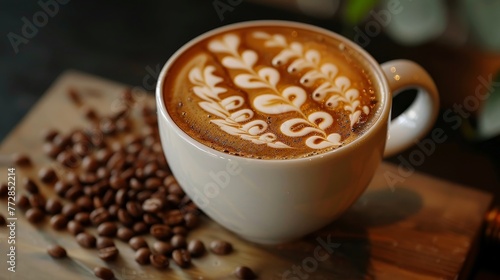A cup of coffee with a design on it and a pile of coffee beans next to it. The coffee beans are scattered around the cup  creating a cozy and inviting atmosphere