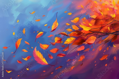 Autumn leaves flying in the wind, colorful leaves swirling through the air, autumn mood digital painting illustration. © furyon