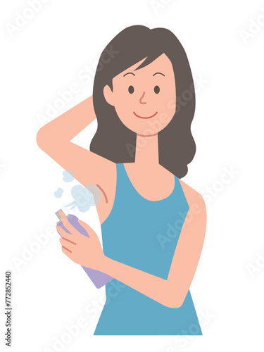 制汗スプレーをかける女性のイラスト