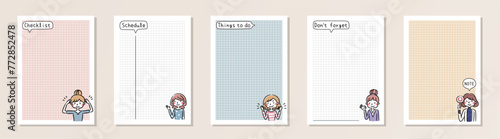 Set of planners and to do list with cute hand-drawn girl illustration. Template for planners, checklists, cards, notebooks, agenda, schedule and other stationery.
