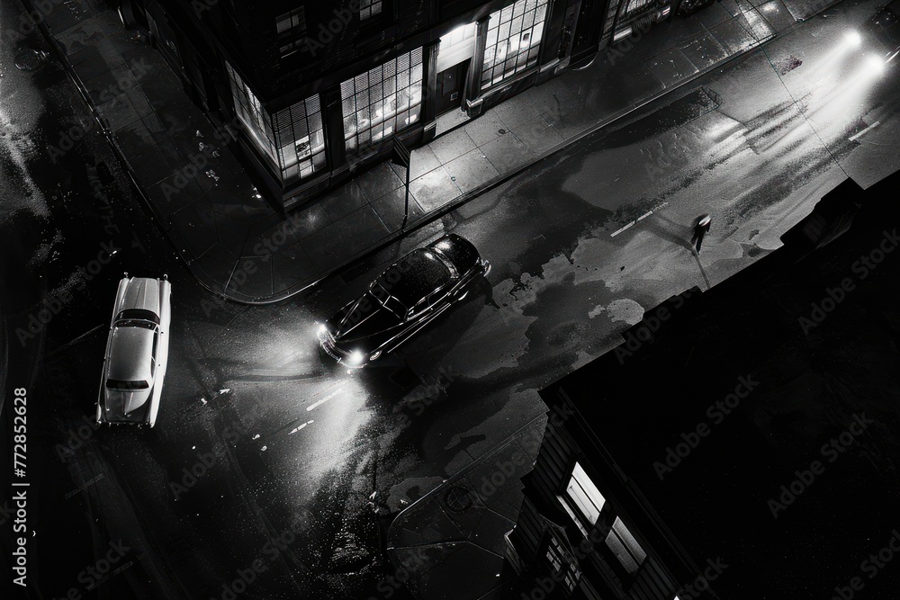 Fototapeta premium Transform ordinary movie scenes into captivating noir masterpieces from above Embrace the timeless allure of film noir by incorporating iconic elements such as femme fatales,
