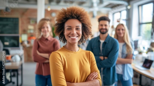 Confident young woman with a diverse team in the background in a bright modern office.