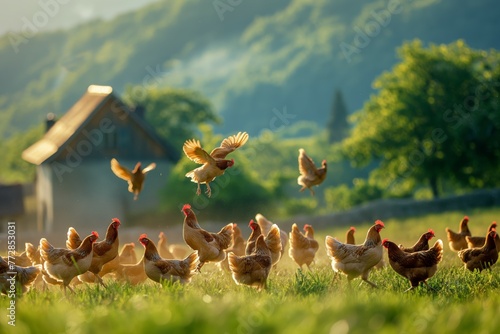 Chickens roaming and flying in rural landscape photo